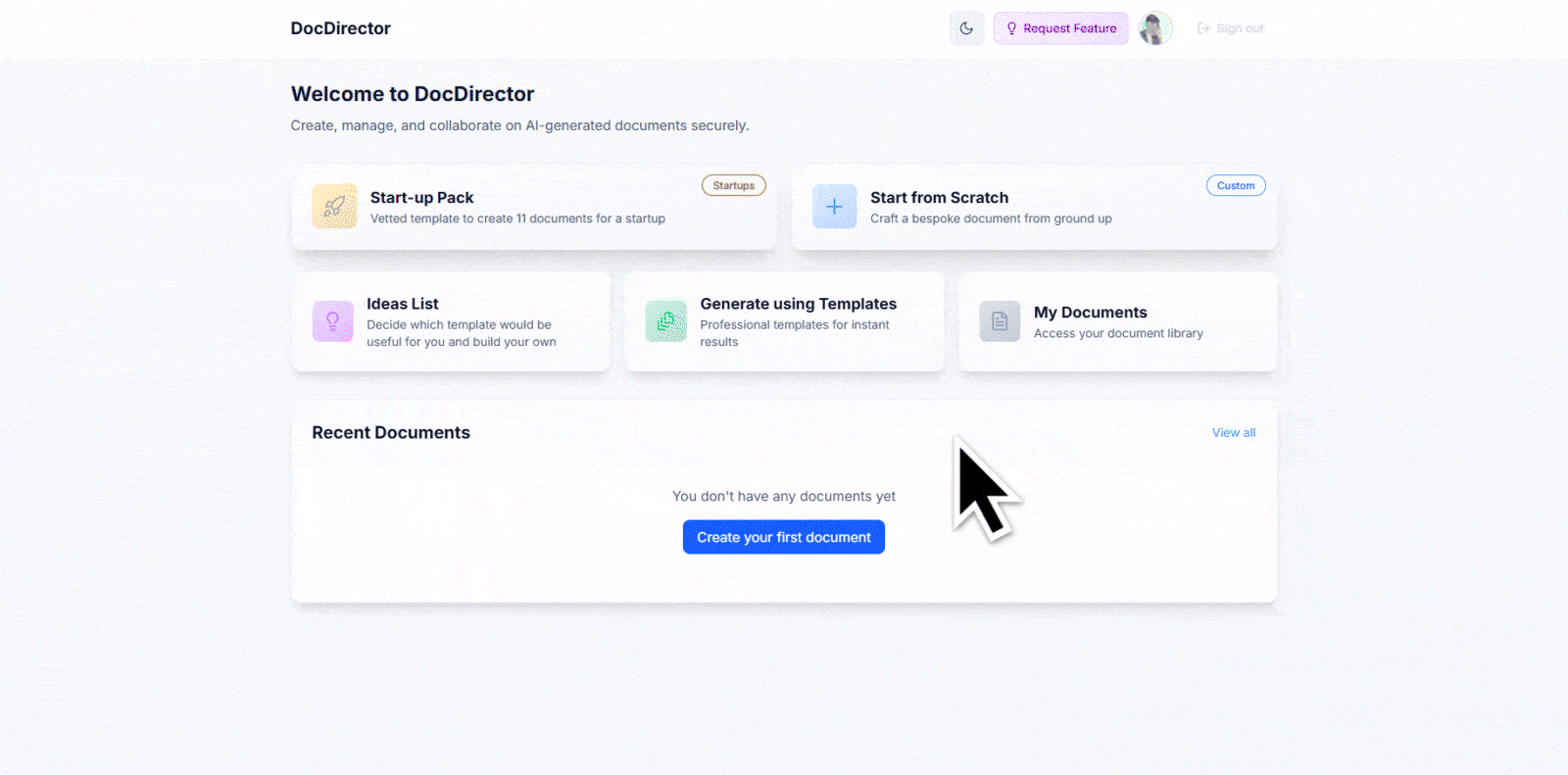 DocChain dashboard showing pitch decks, business models, and analytics
